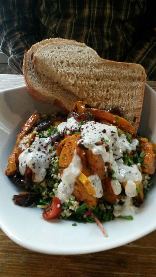 Roasted Squash with bulgar wheat salad and lemon yogurt dressing at Stereo in Glasgow