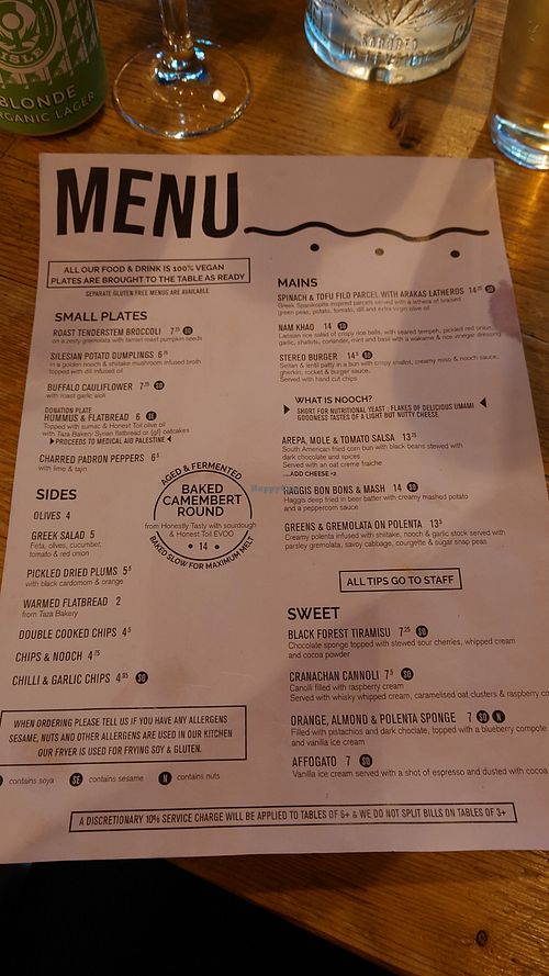 Menu at Stereo in Glasgow