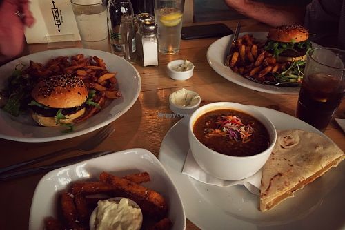 stereo burgers, chips and black lentil daal - all delicious. at Stereo in Glasgow