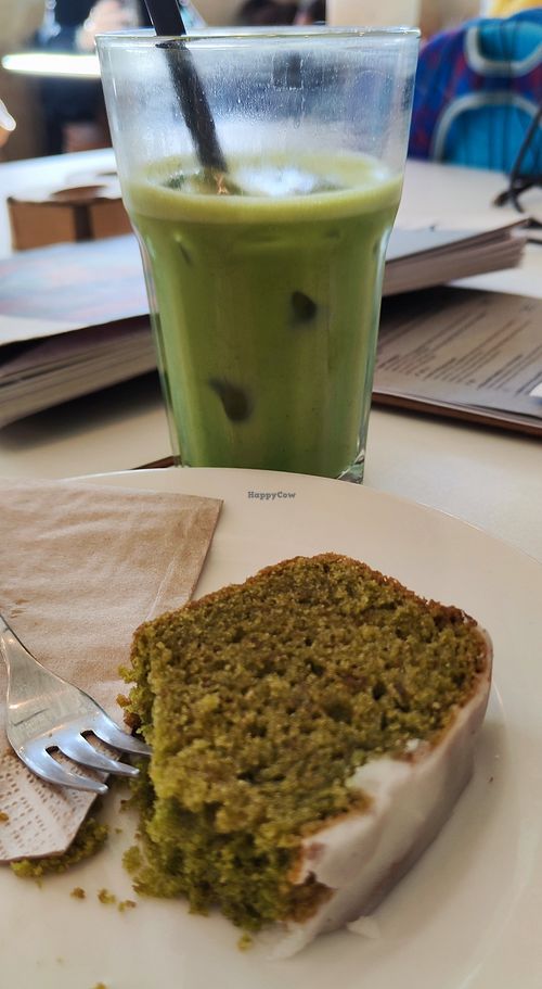 Matcha Bread and Iced Matcha Latte(with oat milk) at Flow Specialty Coffee Bar & Bistro in Budapest