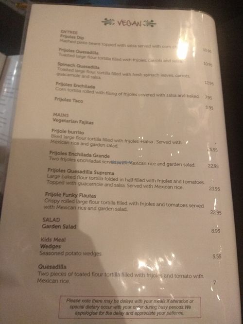 Vegan menu at Amor Mexico in Forest Hill