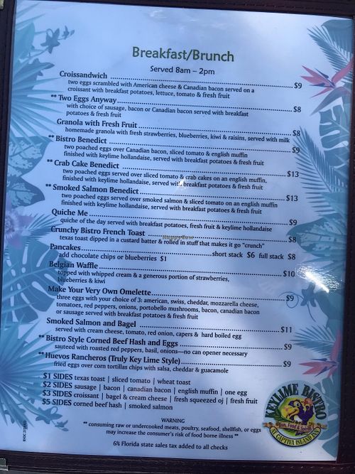 Breakfast brunch menu at Keylime Bistro in Captiva