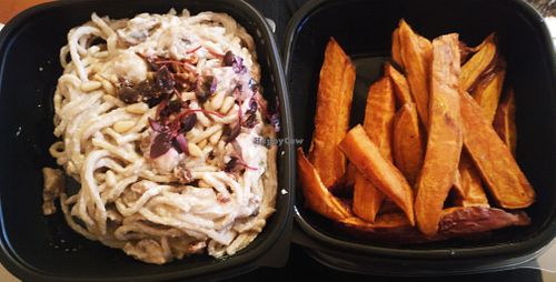 Vegan carbonara and sweet potato fries at Kcal Kitchen in Glasgow
