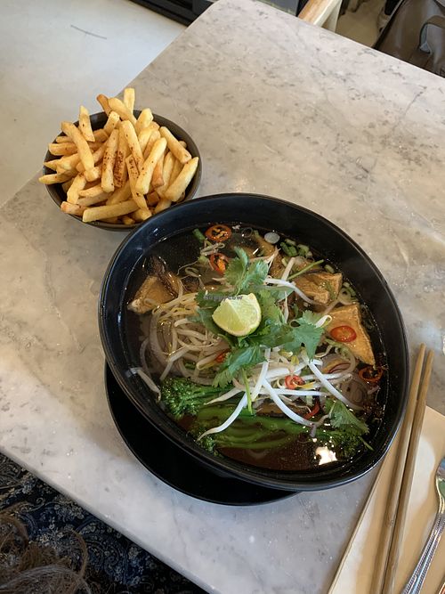 Pho Chay & fries (vegan and gluten-free)  at Viet Shack in Manchester