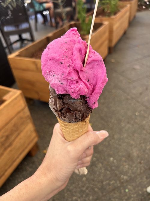 chocolate and the dragon fruit one!  at Gelatissimo in Mooloolaba