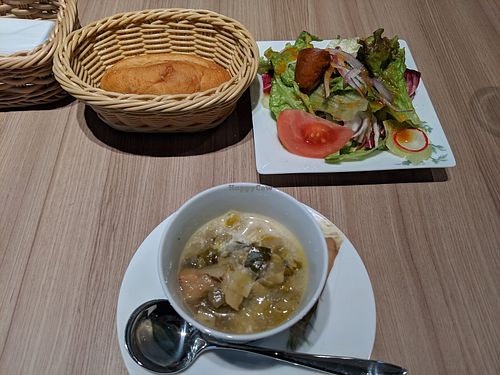 bread, salad, soup (all delicious) that comes with the katsu curry at M's Table in Yokohama
