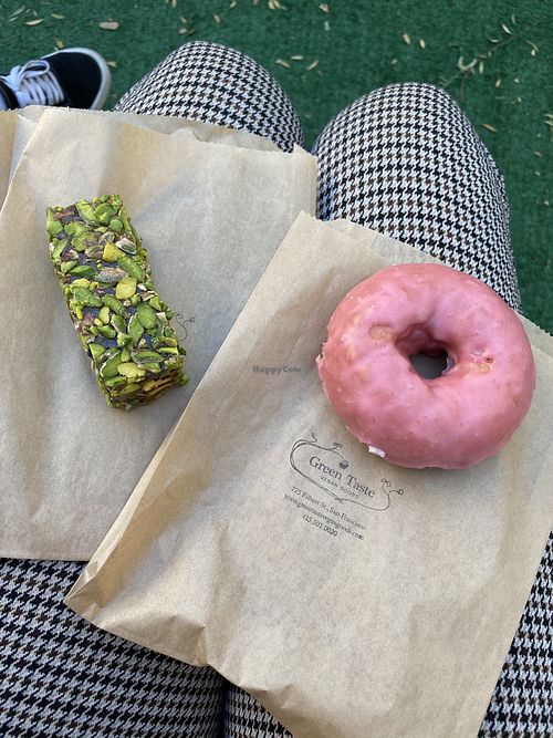 Pistachio Turkish delight and strawberry cake donut  at Green Taste Vegan Goods in San Francisco