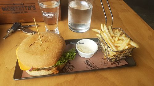 Vegan burger with shoestring fries at Monteiths in Greymouth