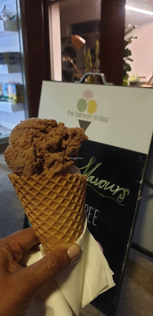 Cacoa rasberry with coconut vanilla is a vegan cone at The Barwon Scoop in Barwon Heads