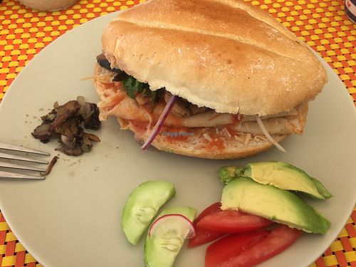 Red Chilaquiles in sándwich  at Panza Llena Corazón Contento in San Jose Del Cabo