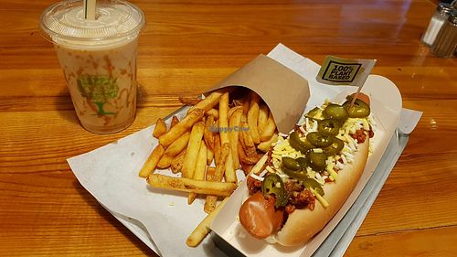 Chilli cheese dog, skin in fries and gingerbread milkshake. at Kibae (Formerly Plant Hustler) in Poole