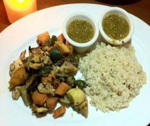 Create a Plate with brown rice, vegetables, salsa, and vegan soup of the day at Hugo's - West Hollywood in West Hollywood