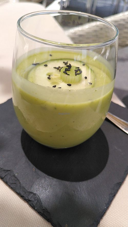 Green Gazpacho with cucamber, leak and avocado (if I am not mistaken?). Delicious anyway! at Corredera 55 in Vejer De La Frontera
