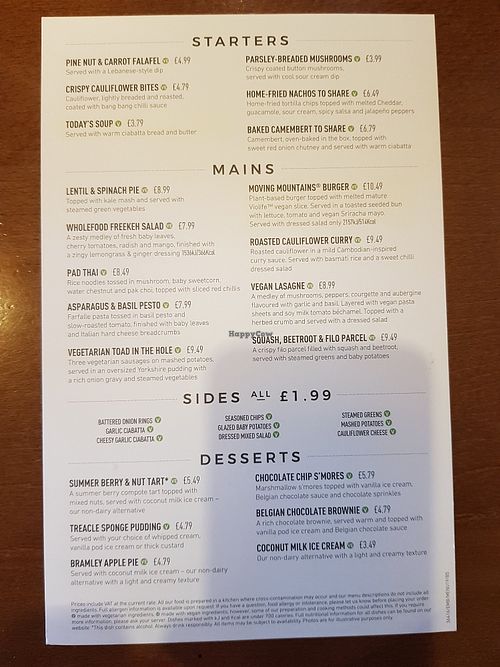 Their veggie / vegan menu at The Alleyn's Head in South East London