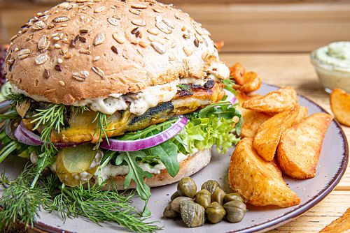 Scandinavian 'Vish' Burger with Potato Wedges at LoveBurger in Berlin