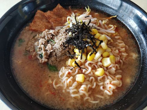 Miso ramen soup with mock mince meat and fried goose at Vegiiland in Central Singapore