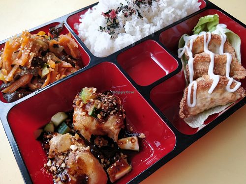 Gyoza Bento rice set at Vegiiland in Central Singapore