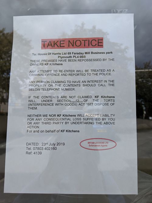 Repossession notice at Plymouth Vegan Company in Plymouth