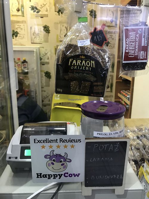 Ahh Happy Cow sticker!! at Veganski Kiosk in Belgrade