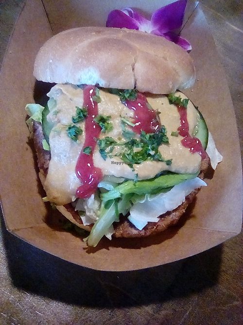 Cheesy truffle burger at Wisdom's Vegan Bakery & Cafe in Spring
