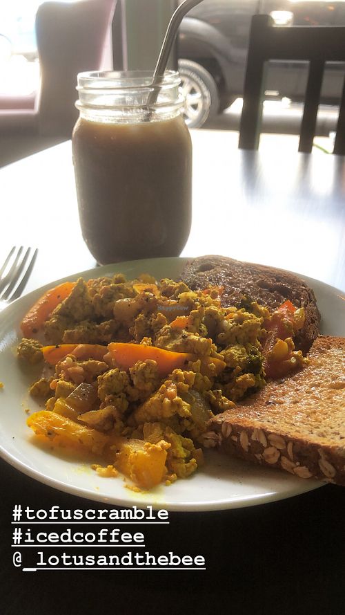 Tofu scramble and iced coffee at Lotus & the Bee in Hamilton
