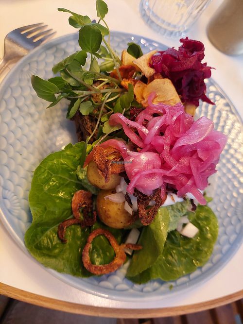 Mushroom and potato smorrebrod for 137 DKK at Din Nye Ven in Copenhagen