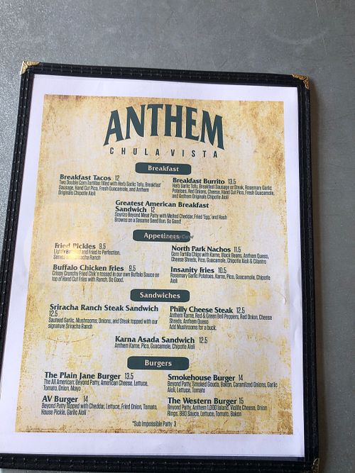 The menu at Anthem in Chula Vista