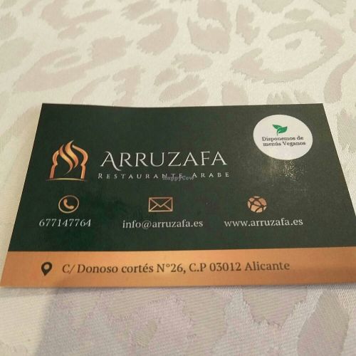 Tarjeta del restaurante at Arruzafa in Alicante