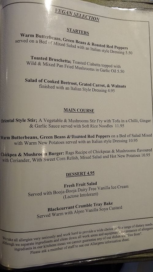 Vegan menu at Rags in Bridlington