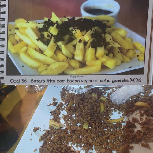 Don't order the chips with vegan bacon. Menu picture versus reality. at Ganesha in Salvador