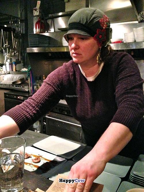 Conversation with Cook Karianne (seen here) and Chef Patterson added dimension to our five-course dinner at Sutra. at Sutra in Seattle