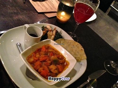 Marina d'Chioggia Squash-Chantennay Carrot-Celery Root-Ber Ber Ragout with Nigella Dosa, Evergreen Huckleberry-Urfa Biber Chutney, Grilled Abalone Mushrooms and Steamed Kale at Sutra in Seattle