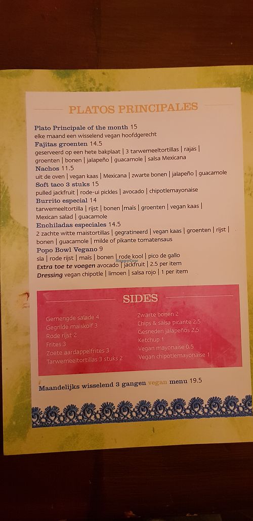 Vegan menu at Popocatepetl in Nijmegen