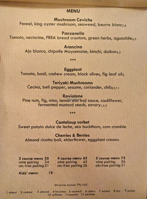 Menu page at FREA on the night I dined there at FREA in Berlin