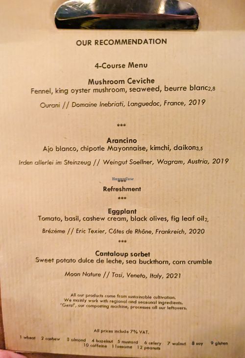 Menu page at FREA on the night I dined there at FREA in Berlin