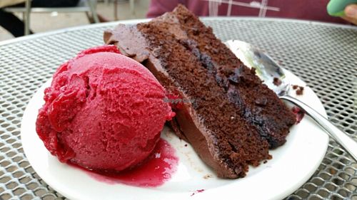 currant sorbet with chocolate currant cake  at Birchwood Cafe in Minneapolis