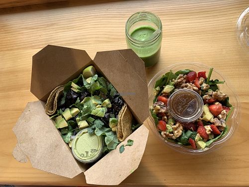Pricey- Taco salad ($10), Strawberry Summer salad ($9), and jar of Low Sugar Ginger Green Juice ($10) at Juice Amour in Burlington