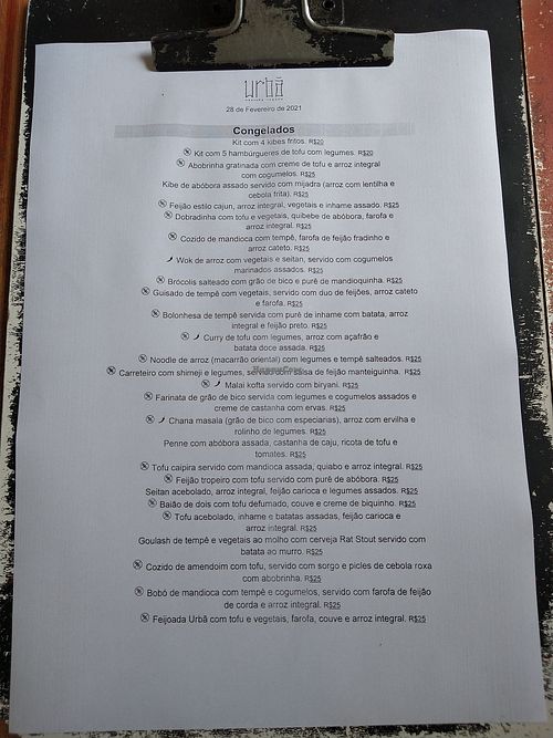 March 2021 menu at Urbã Cozinha Vegana in Sao Paulo