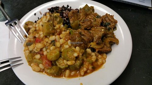 Platter with 3 vegan dishes at Jolo's Kitchen in New Rochelle