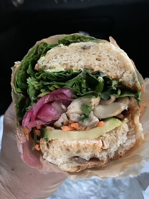 Oyster mushroom banh mi  at Sacramento Natural Foods Co-op in Sacramento
