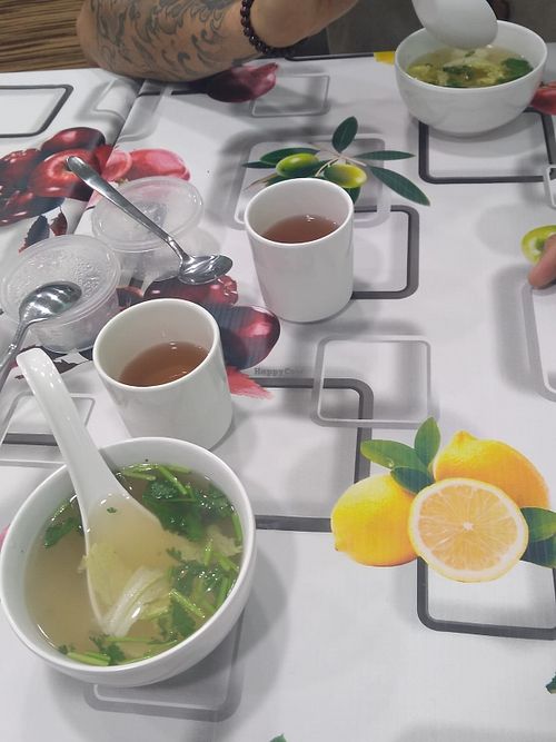Yummy complimentary soup and black bean tea 😍 at Minh Sang Vegan in Beecroft