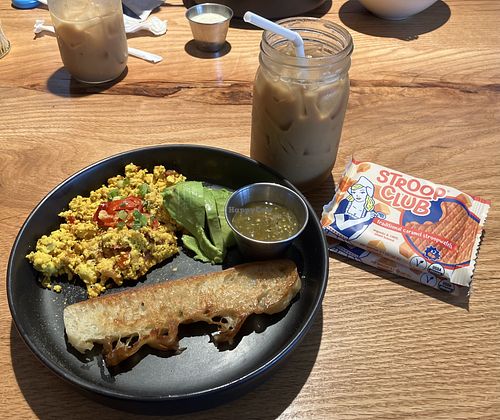 Tofu scramble and added avocado, maple latte, stroop waffles  at Wood Iron  in Fayetteville