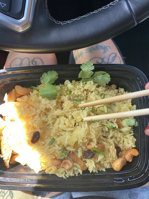 Pineapple Fried Rice Being Devoured  at Vegan Thyme in Newbury Park