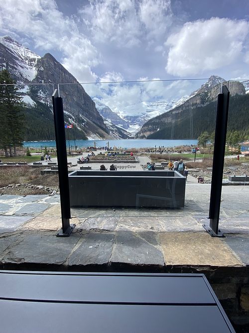 View from a patio table  at Lakeview Lounge in Lake Louise