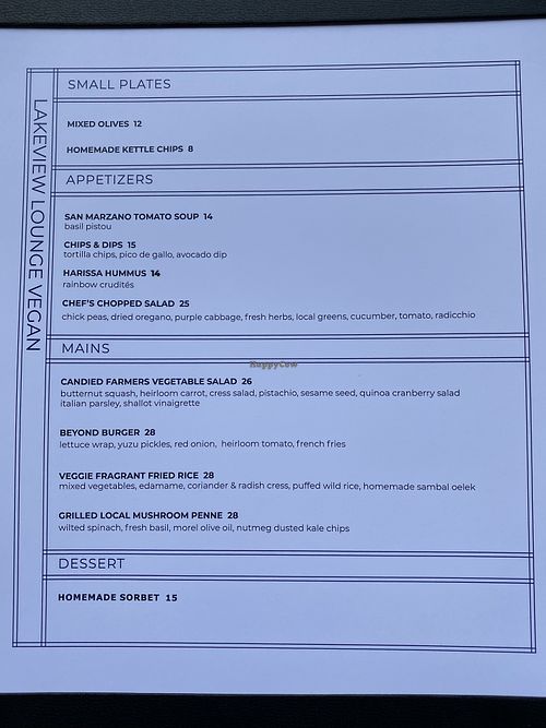 Vegan menu  at Lakeview Lounge in Lake Louise