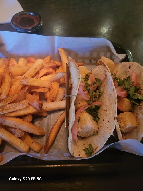 Fried tofu tacos and fries at Nocturnal Brewing in Hayesville