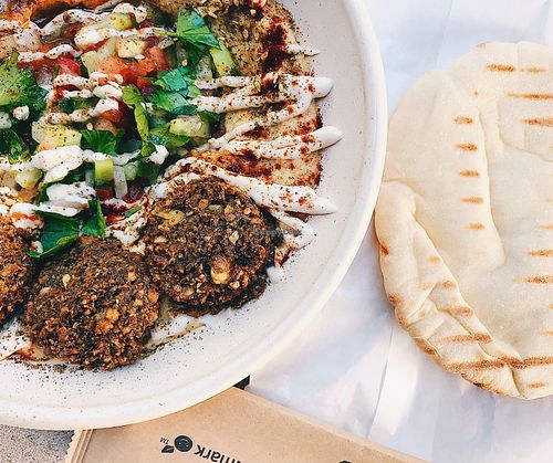 Hummus bowl with Israeli salad and falafel.  at Simply Hummus Bar in Darlinghurst
