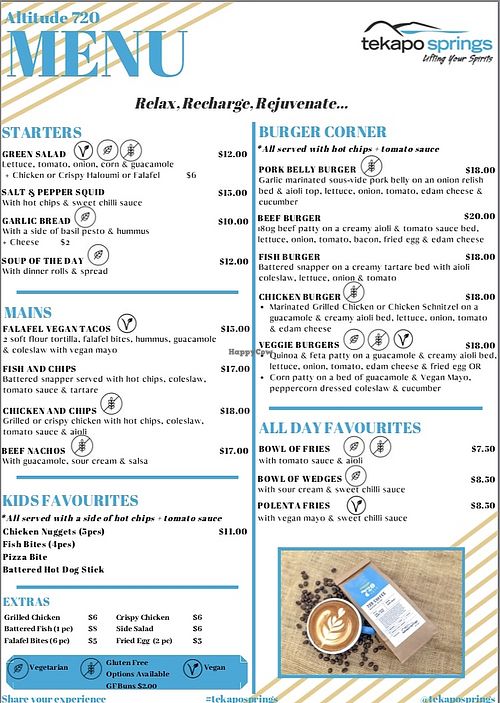 food menu march 2020 at Tekapo Springs in Lake Tekapo