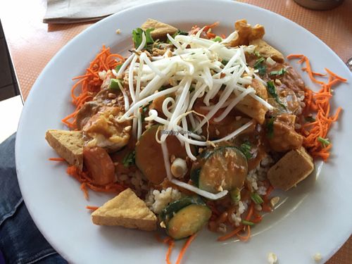 Peanut sauce tofu, vegetables, rice at Saturn Cafe in Santa Cruz