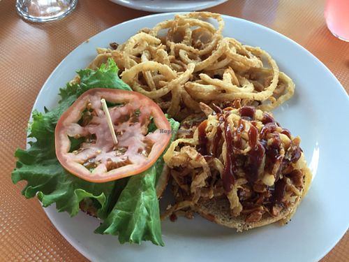 Chicken BBQ burger with onion strings at Saturn Cafe in Santa Cruz
